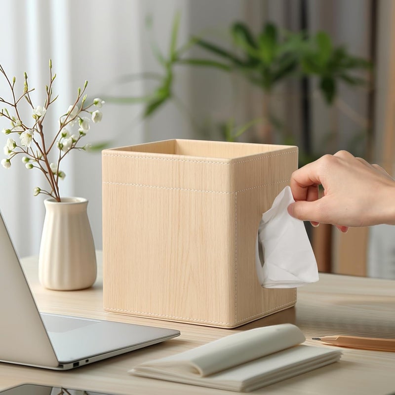 Cretkhp Tissue Box Cover, PU Leather Square Tissue Box Holder with Storage Tray for Bathroom Vanity Countertop Night Stands Bedroom Office Desk, Stylish Tissue Holder Decorative Organizer (Oak) - Image 2